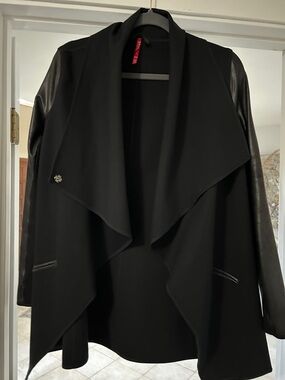 SPANX Black Draped Open-Front Jacket with Faux Leather Sleeves
